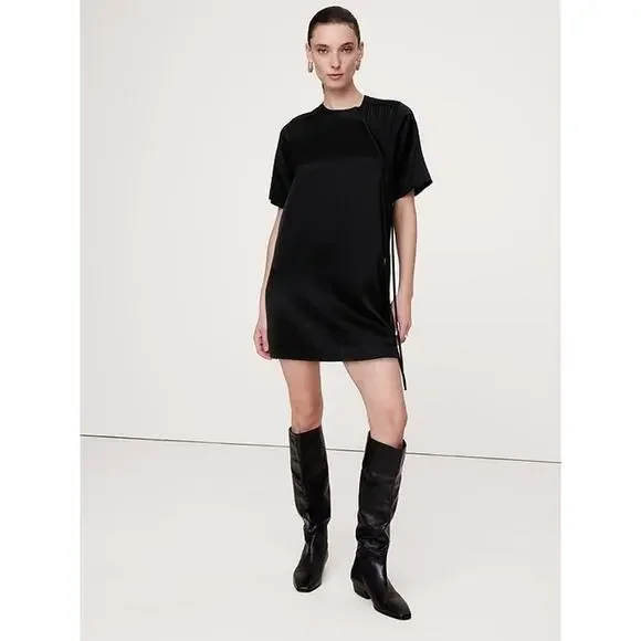 BANANA REPUBLIC SATIN FRINGE SHIFT DRESS IN BLACK SIZE MEDIUM - Picture 1 of 14